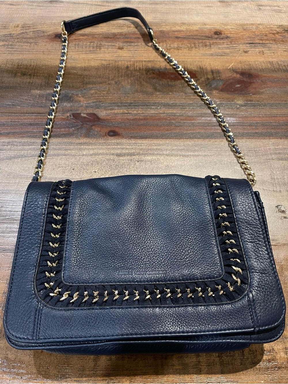 Aimee Kestenberg Navy Blue Leather Chain-Trim Shoulder Bag
